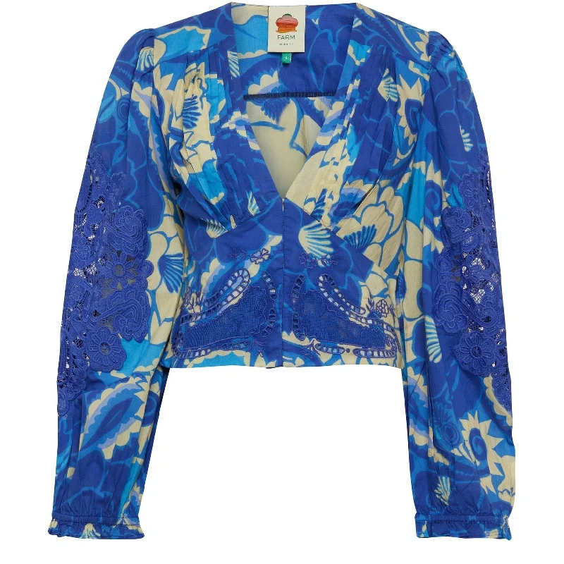 Farm Rio Women's Blue Tropical Groove Blue Blouse Long Sleeves