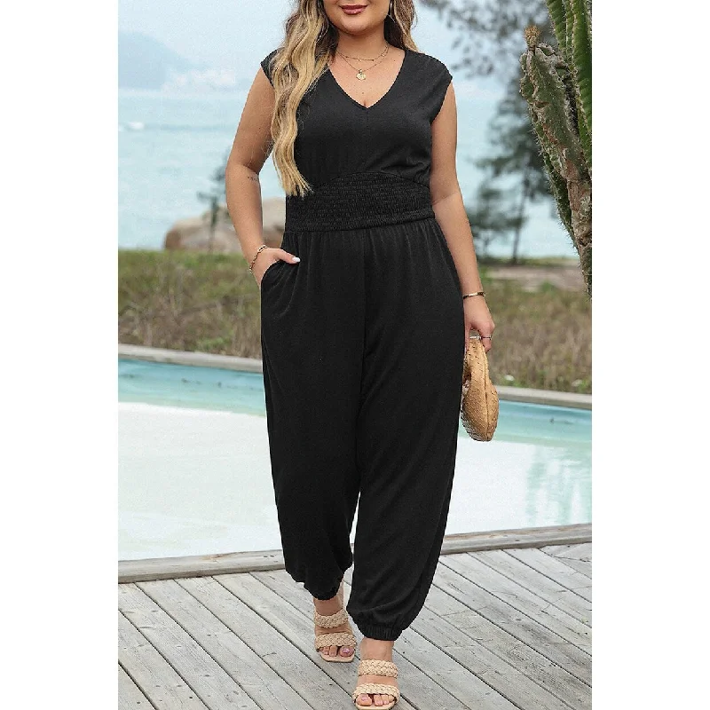 Novalee Plus Smocked High Waist Sleeveless V Neck Jumpsuit