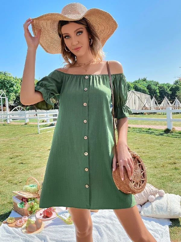 KittenAlarm - Off Shoulder Button Up Dress