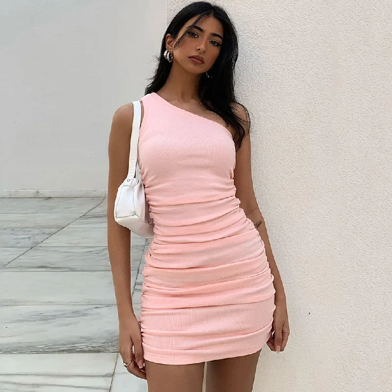 One Shoulder Sleeveless Ribbed Bodycon Ruched Mini Dress - Pink