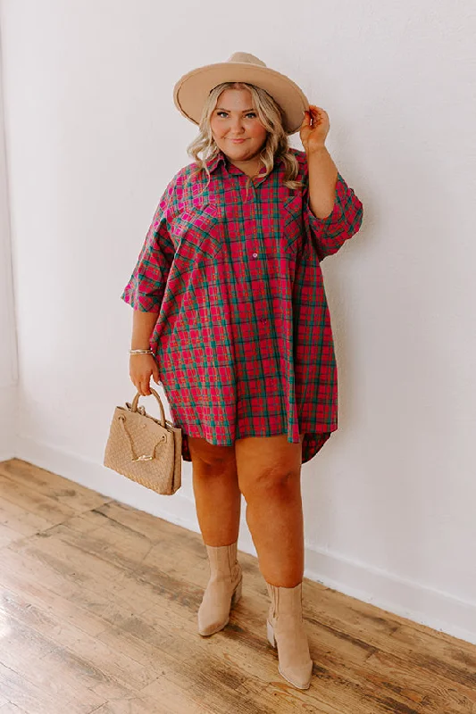 Cider Sippin' Oversized Plaid Mini Dress in Pink Curves