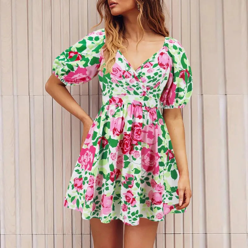 Elegant Floral Print Summer Women's V-Neck Short Puff Sleeve Lace-up Beach Holiday Mini Dress