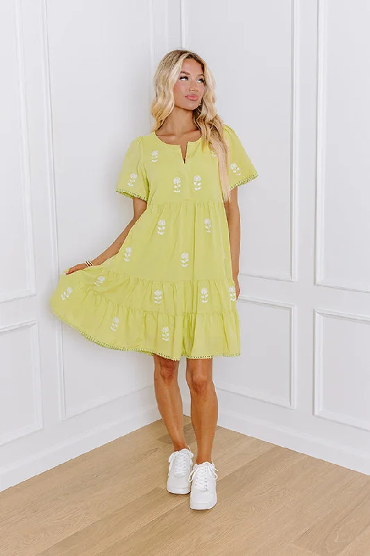 French Farmhouse Embroidered Mini Dress in Lime Punch