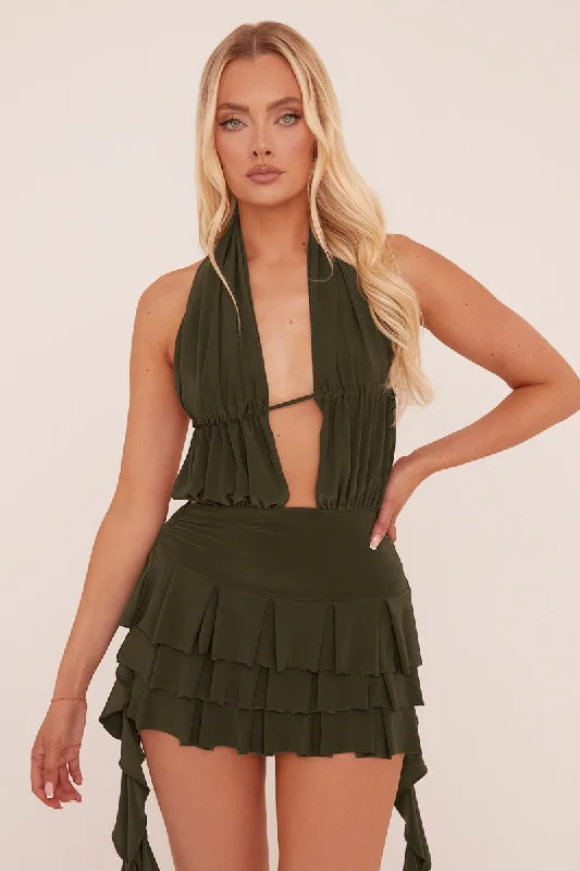 Khaki Plunge Neck Frill Detail Mini Dress - Swan