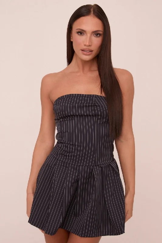 Navy Pin Stripe Bandeau Pleated Mini Dress - Amy