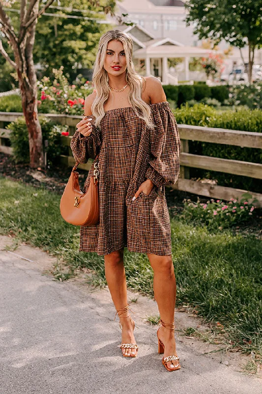 Pumpkin Spice Cutie Plaid Mini Dress in Brown