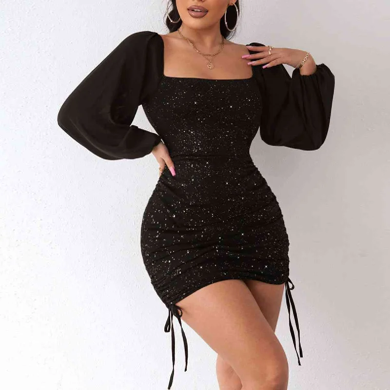 Square Neck Drawstring Ruched Sequin Long Sleeve Short Dress