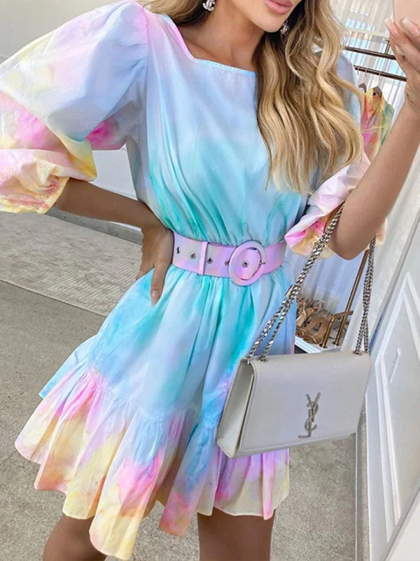 Tie Dye Dress Fashion Holiday Style Ruffle Waist Slim Printed Pastel Dress