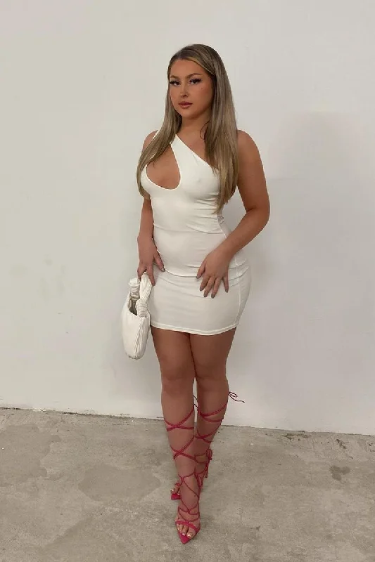 White One Shoulder Asymmetric Slinky Mini Dress - Elm