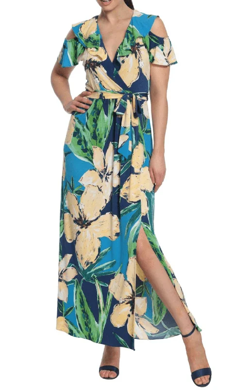 London Times T6230M - Cold Shoulder Floral Maxi Dress