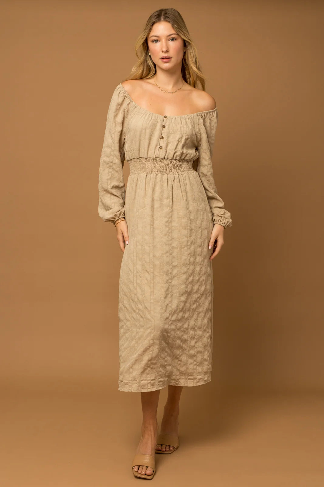 Boho Textured Long-Sleeve Smocked-Waist Maxi Dress