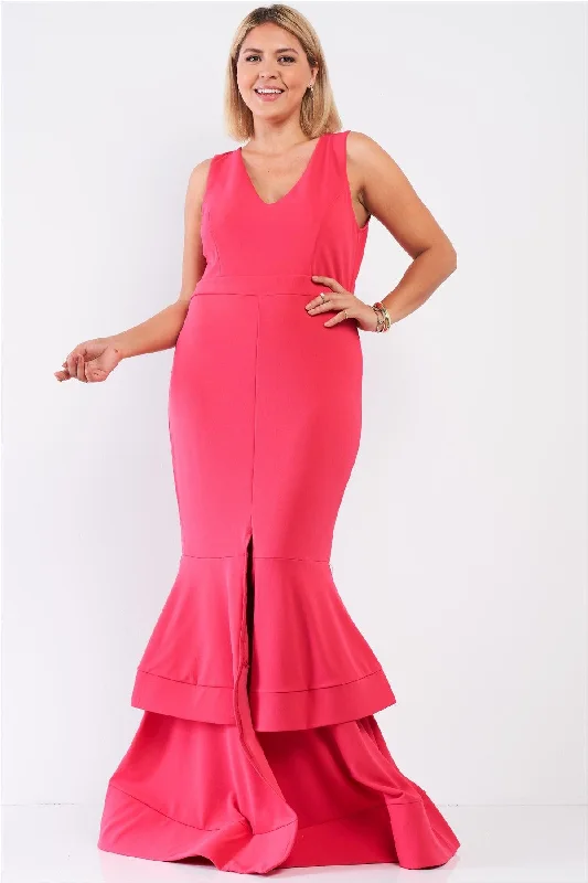 Plus Size Coral-Pink Layered Flare Hem Maxi Mermaid Dress