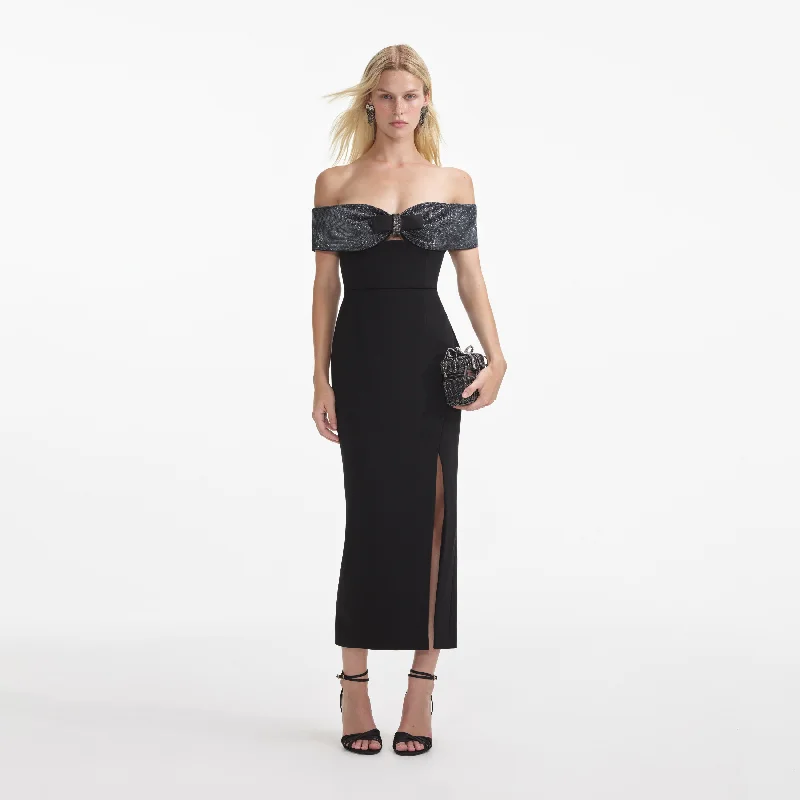 Black Crepe Bow Midi Dress