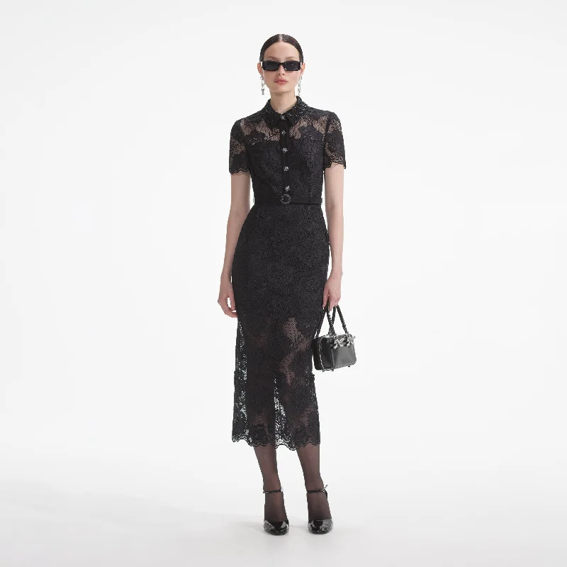 Black Lace Diamante Midi Dress