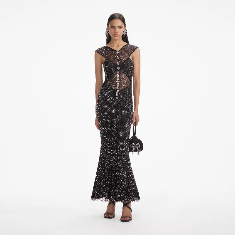 Black Rhinestone Fishnet Crossover Midi Dress