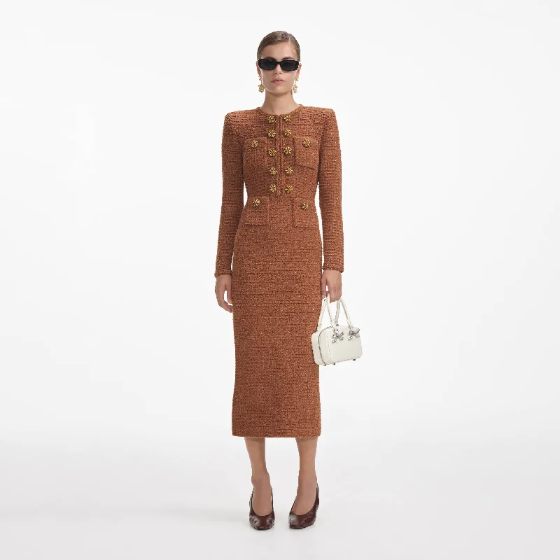 Brown Textured Knit Midi Dress