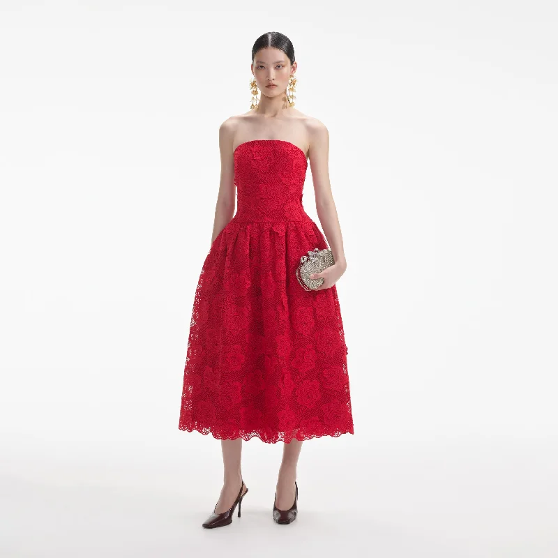 Red Bandeau Lace Midi Dress