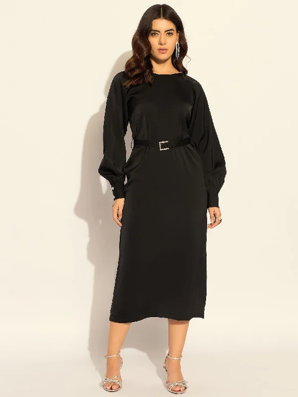 Chic Semi-Fitted Midi Dress With Gentle Puff Sleeves In Soft Satin Fabric