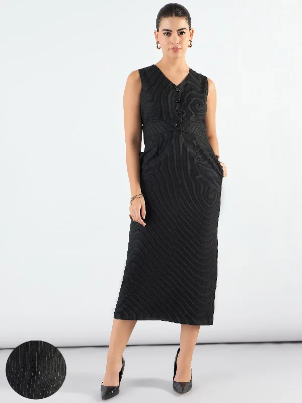 Formal Black Striped Structured Midi Dress