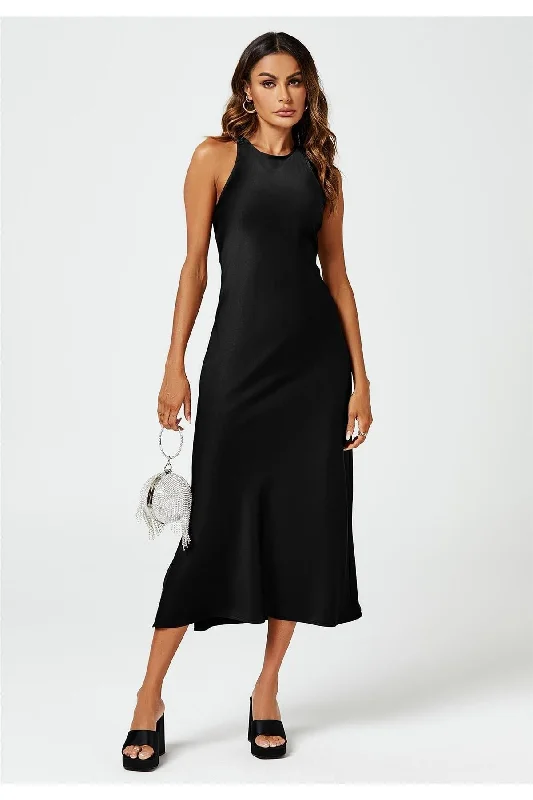 FS Collection Slim Fit Satin Midi Dress In Black