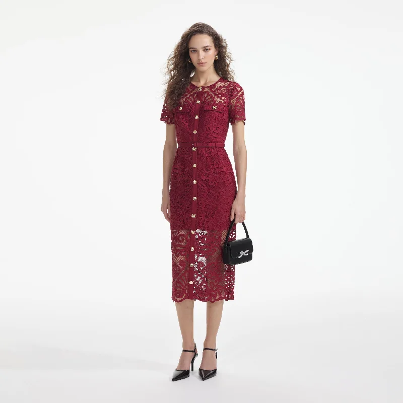 Red Guipure Lace Button Midi Dress