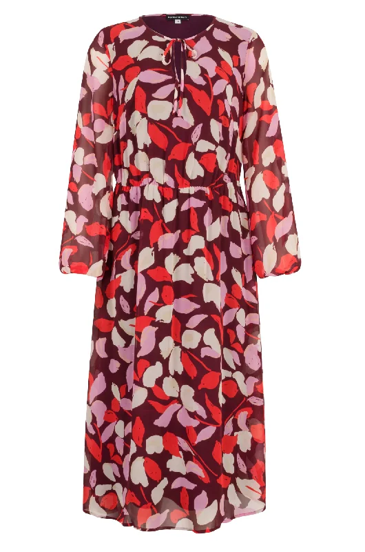 Printed Chiffon Midi Dress | MAROON RED PETALS | 0108ZR