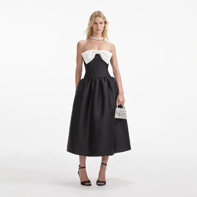 Black Taffeta Contrast Bow Midi Dress