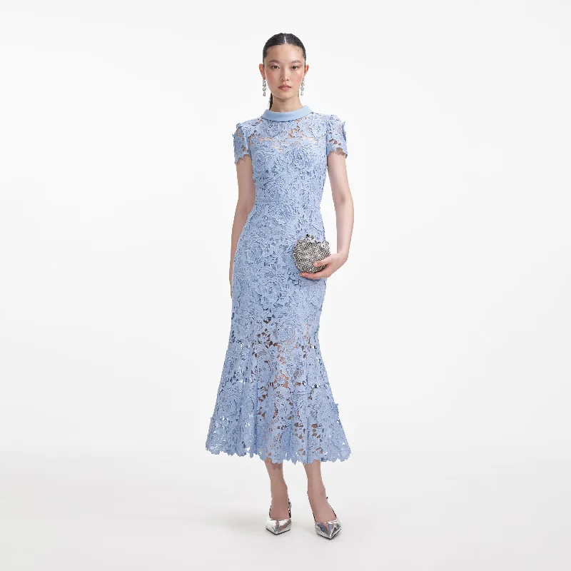 Blue Flower Lace Contrast Collar Midi Dress