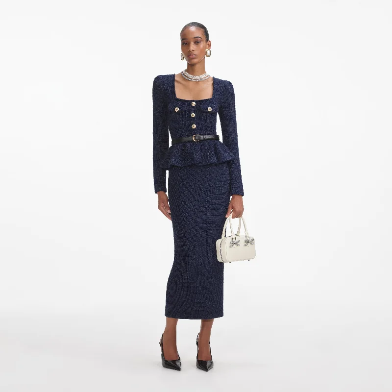 Navy Knit Peplum Midi Dress