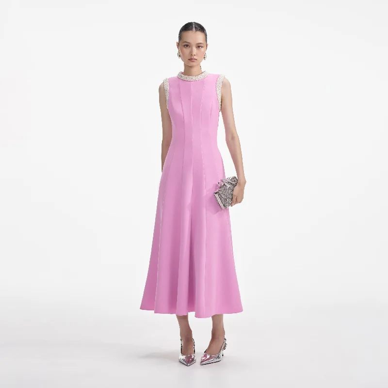 Pink Crepe Pearl Trim Midi Dress