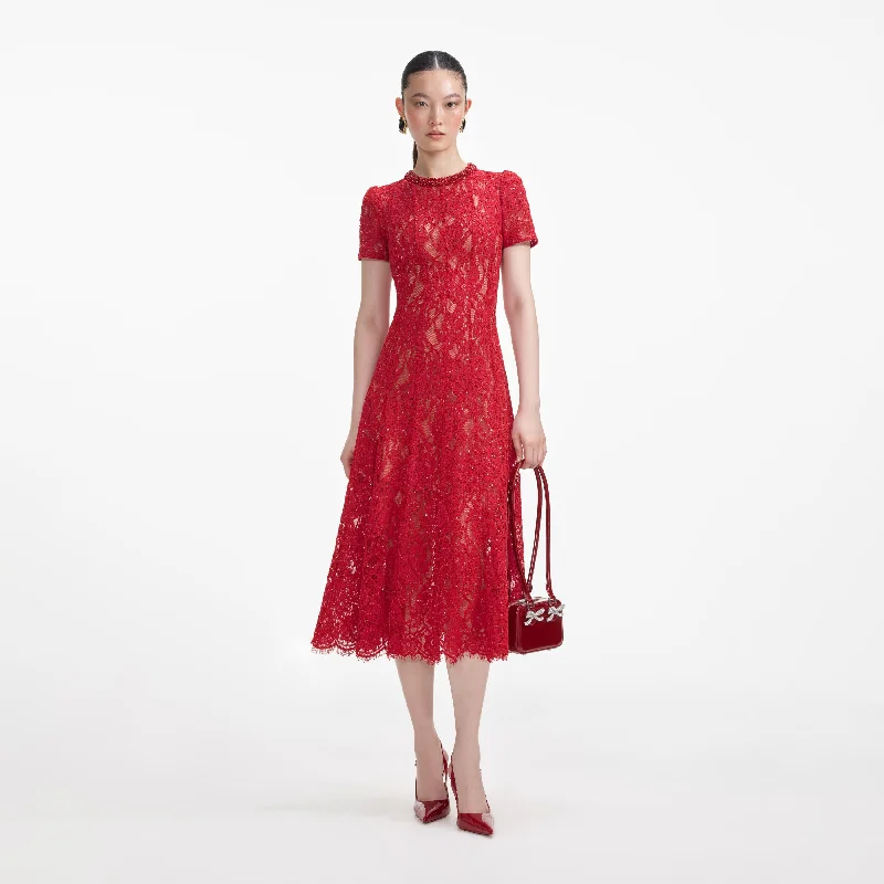 Red Sequin Lace Midi Dress