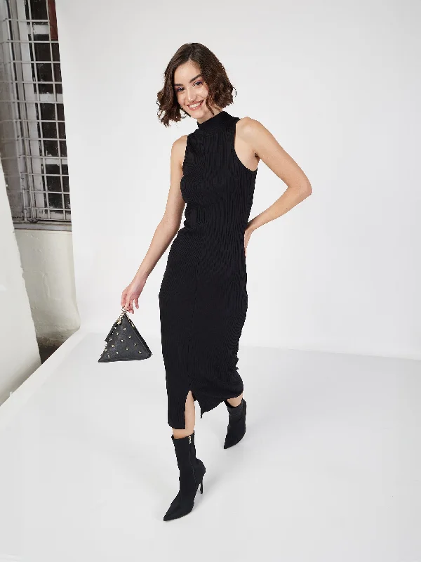 Women Black Rib Turtle Neck Sleeveless Midi Dress